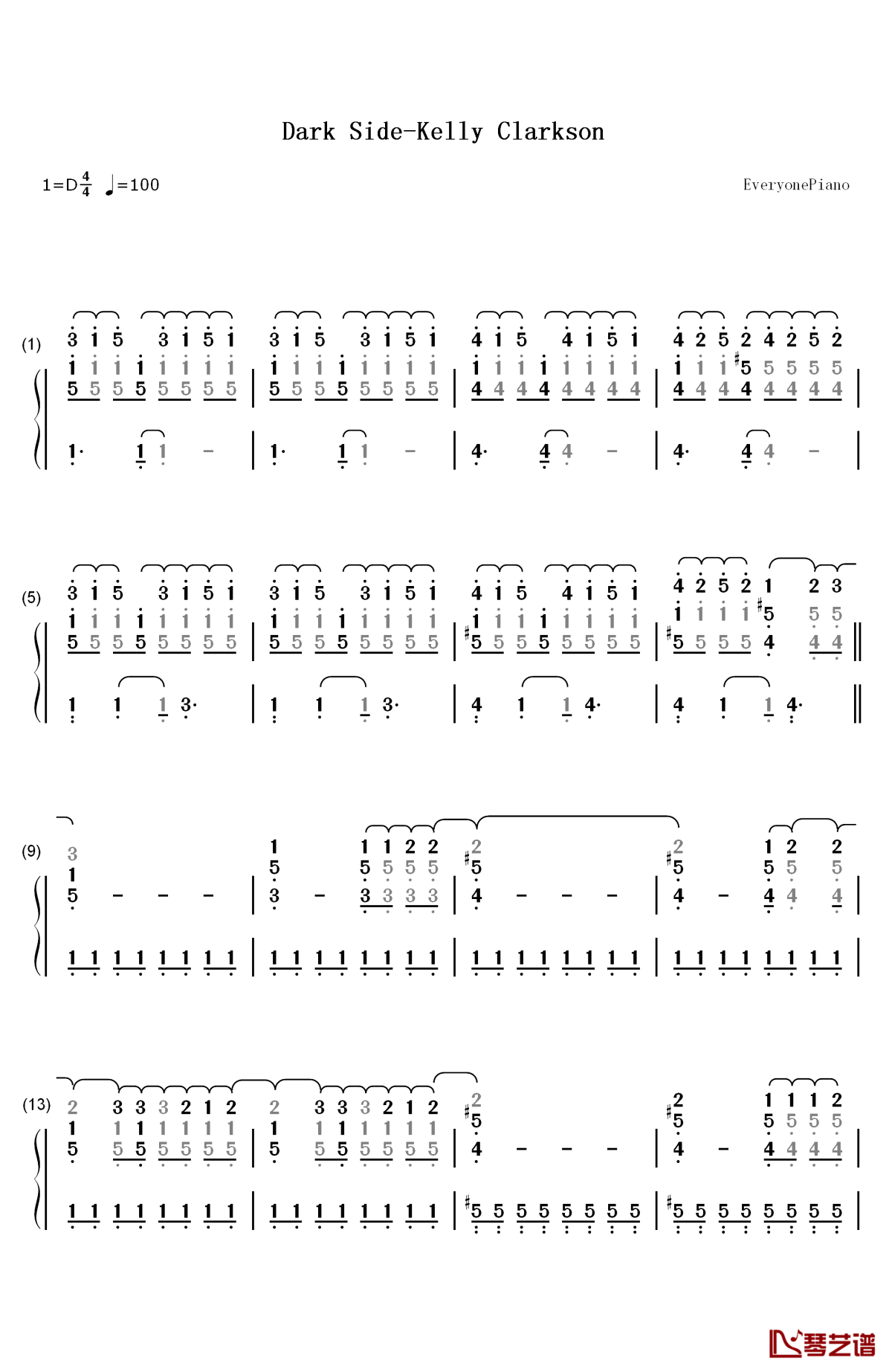 dark side钢琴简谱-数字双手-kelly clarkson1