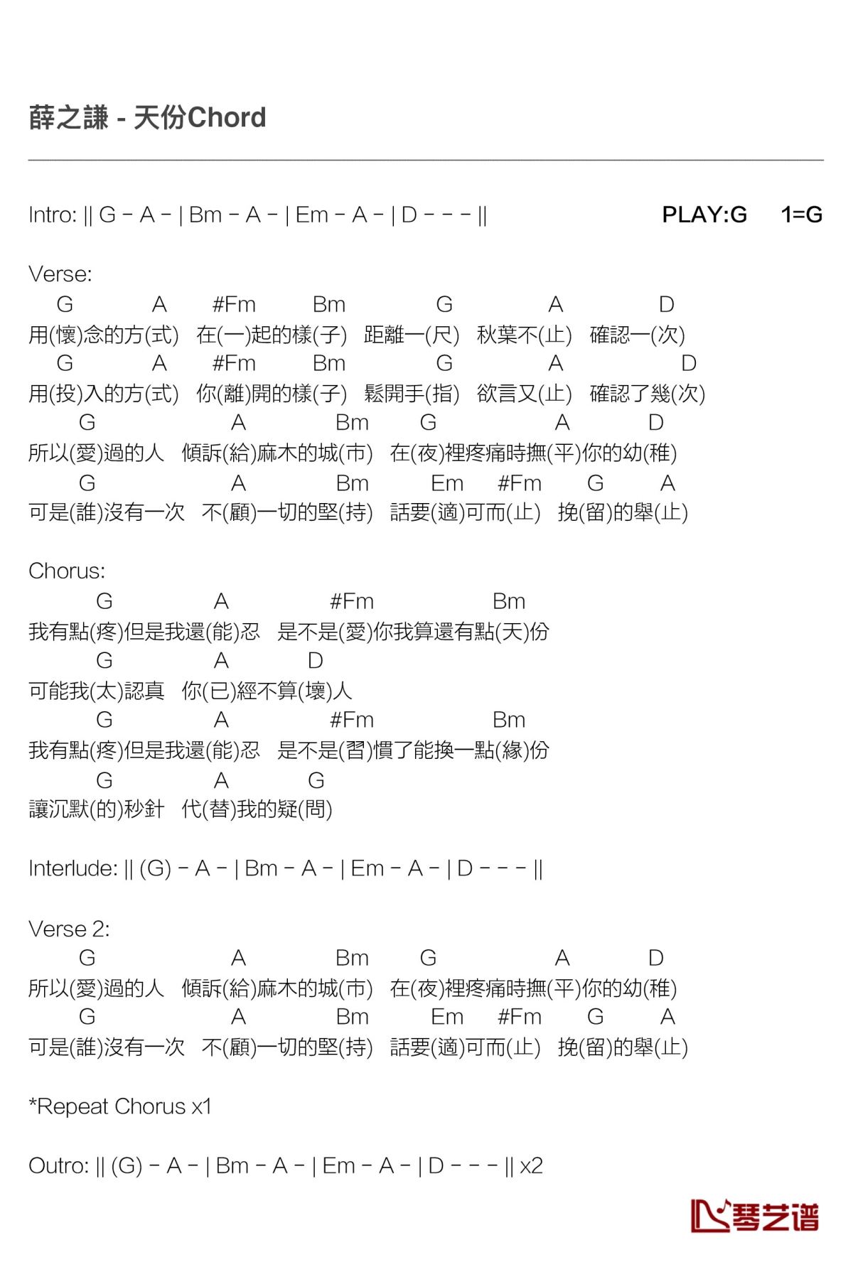 天份吉他谱-薛之谦-我有点疼但是我还能忍4