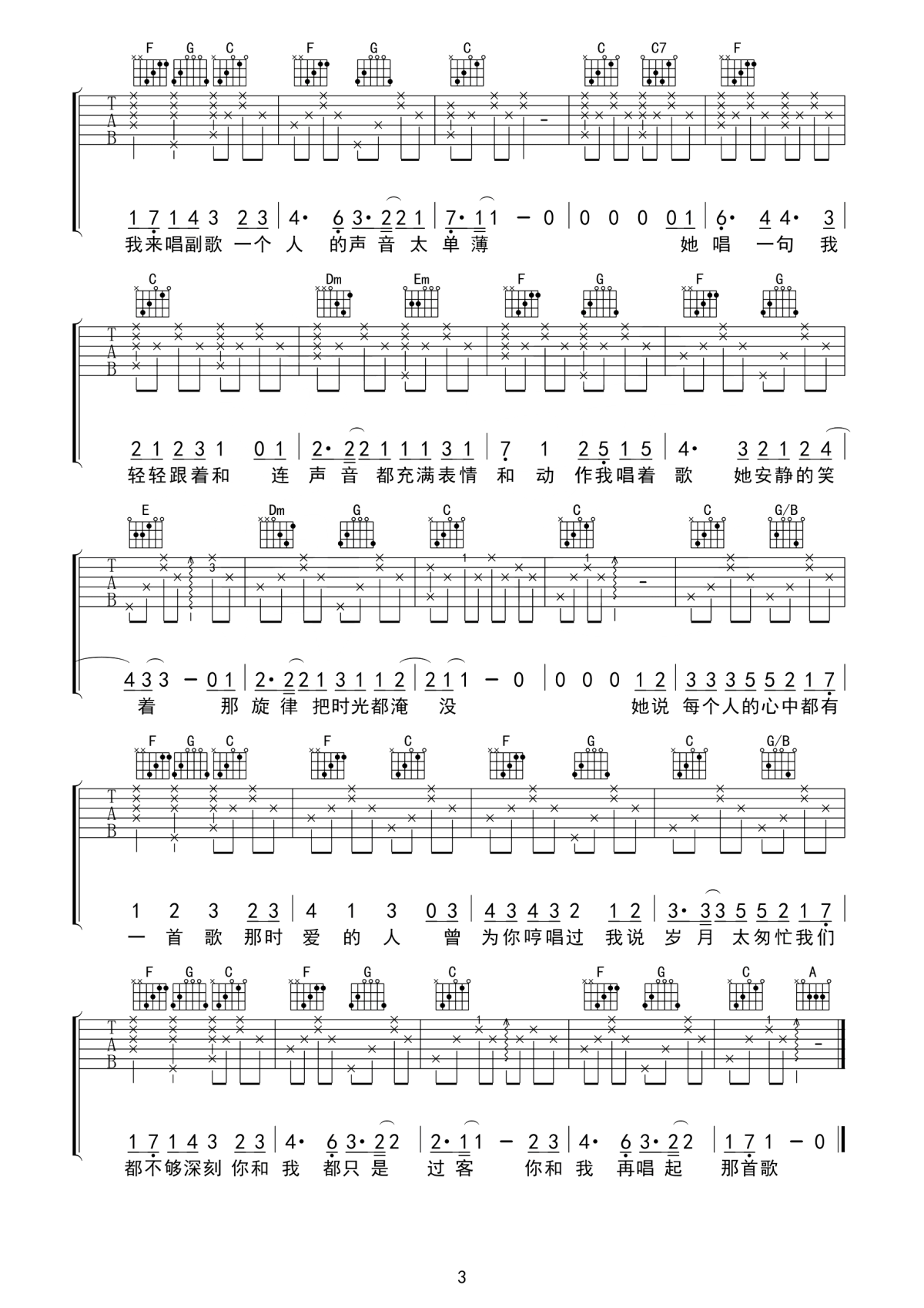 她说每个人的心中都有一首歌吉他谱 陈小熊-那时爱的人 曾为你哼唱过3