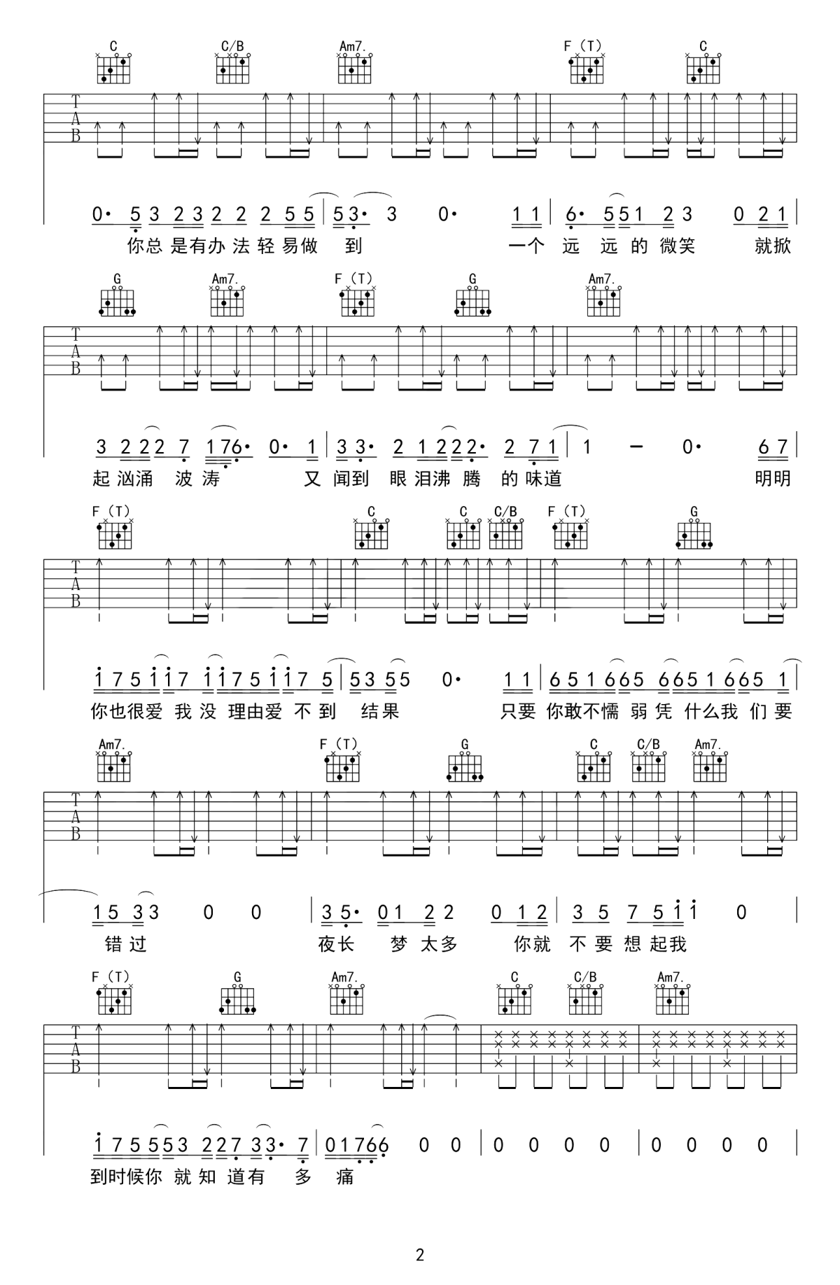 你就不要想起我吉他谱 田馥甄 明明你也还爱我 没理由爱不到结果2