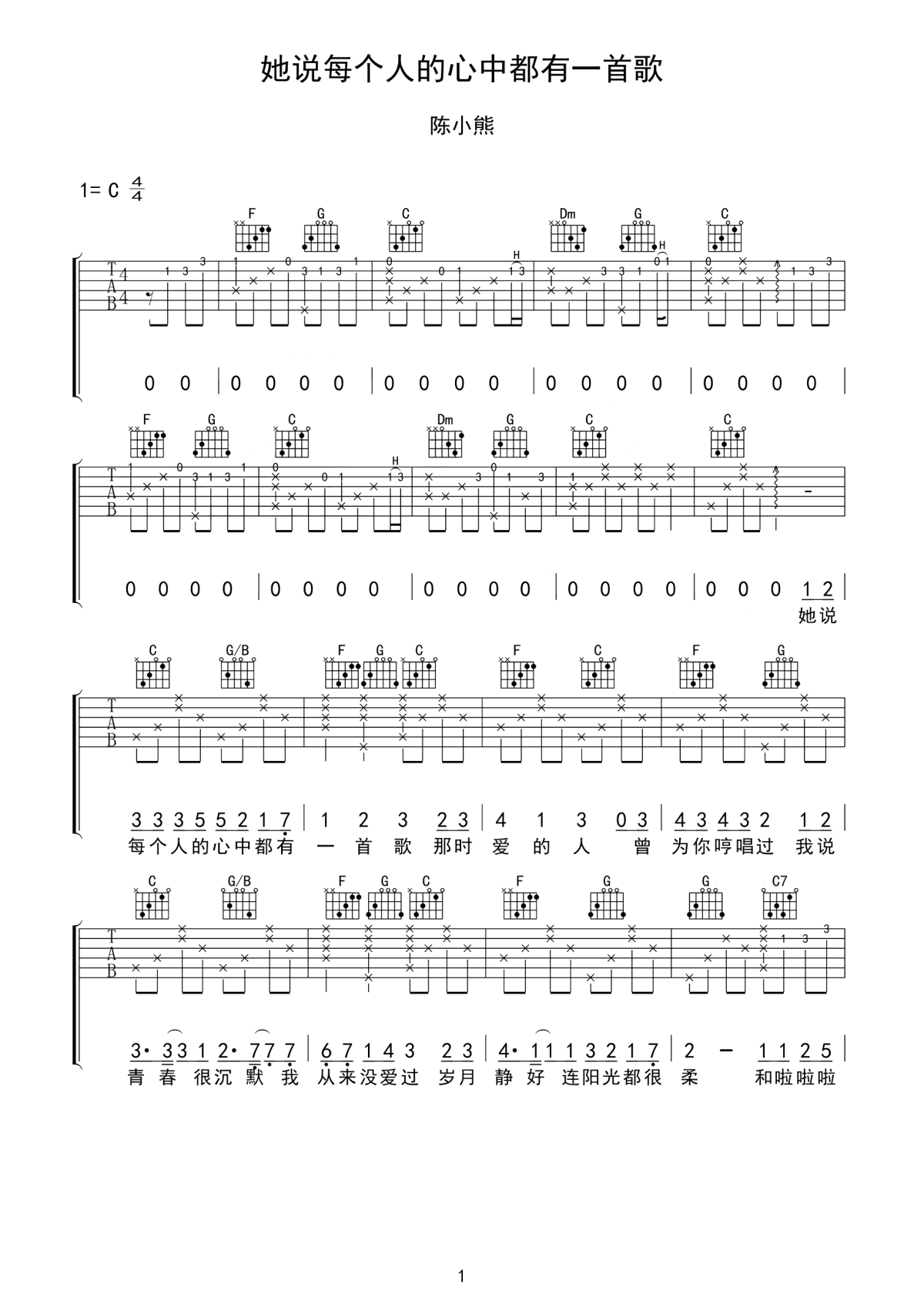 她说每个人的心中都有一首歌吉他谱 陈小熊-那时爱的人 曾为你哼唱过1