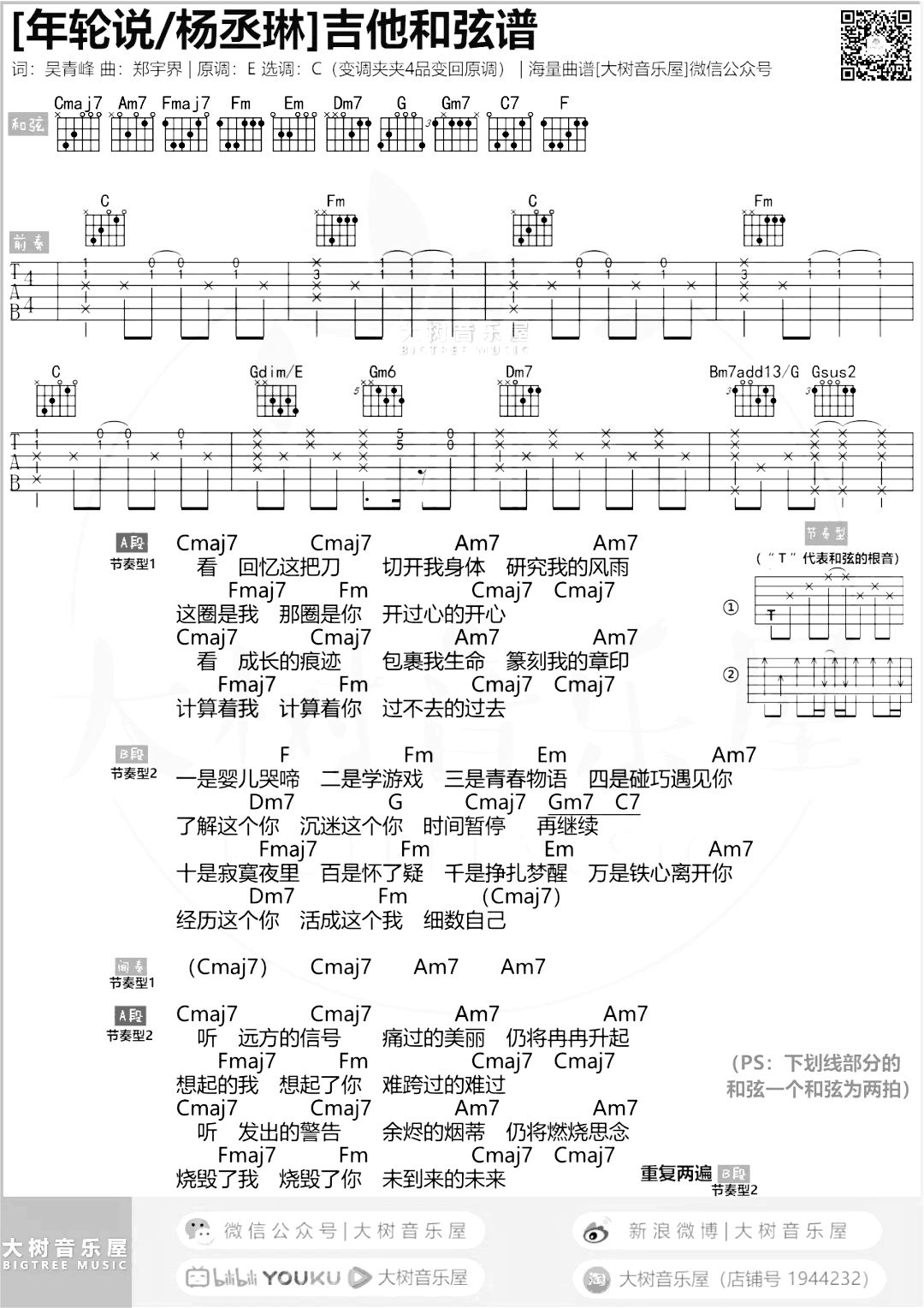 年轮说吉他谱 c调杨丞琳 弹唱教学视频1