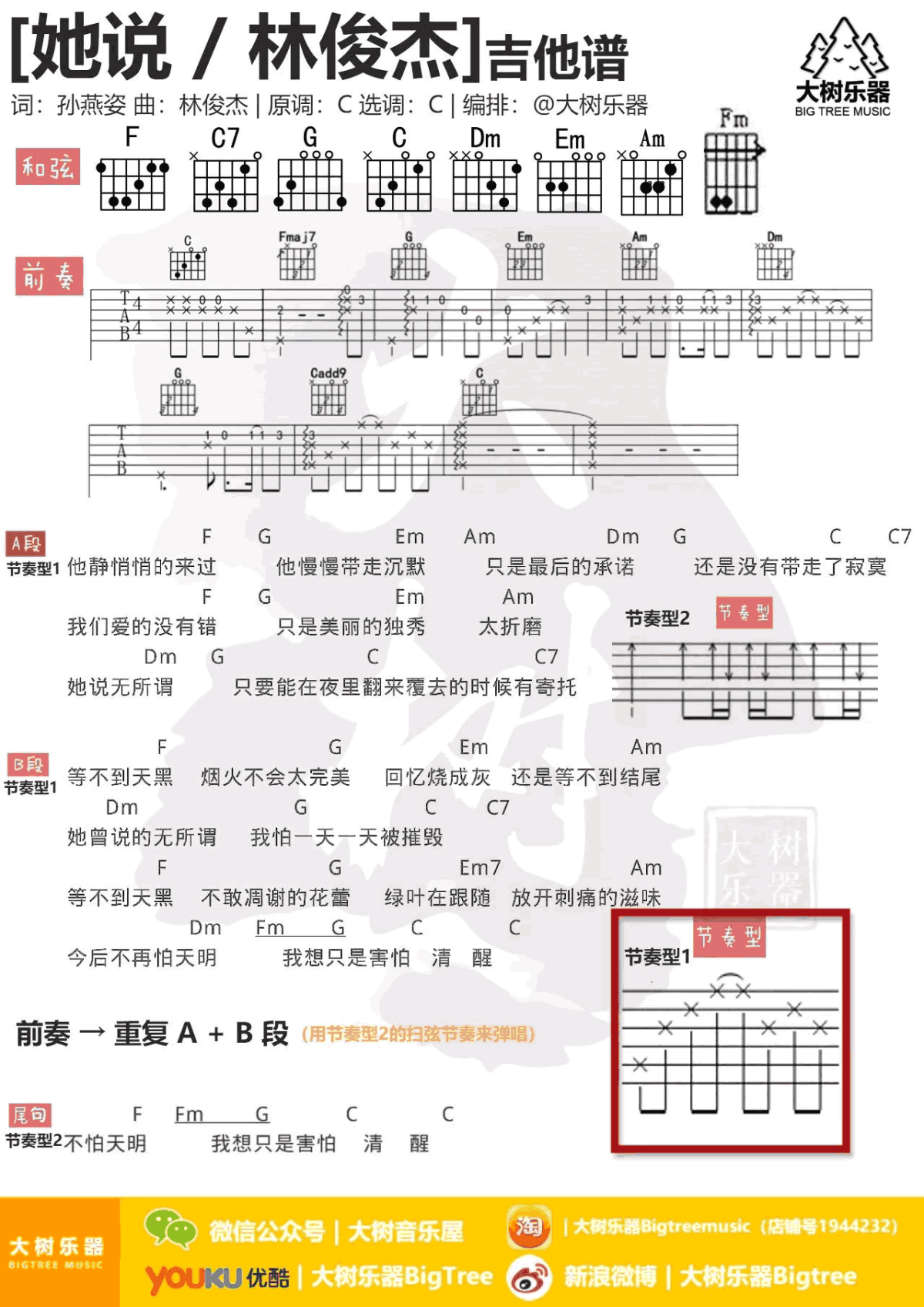 她说吉他谱-林俊杰-c调弹唱谱-吉他演示 教学视频1