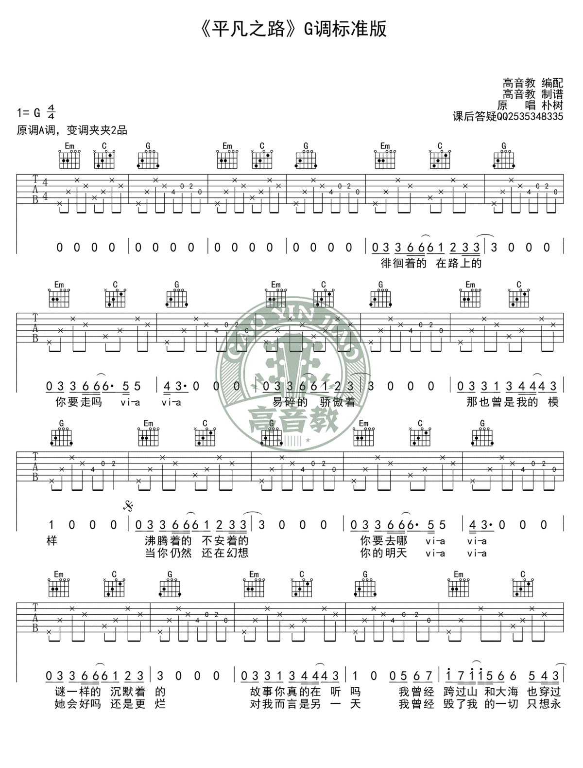 平凡之路吉他谱-朴树-g调标准版-弹唱教学视频1