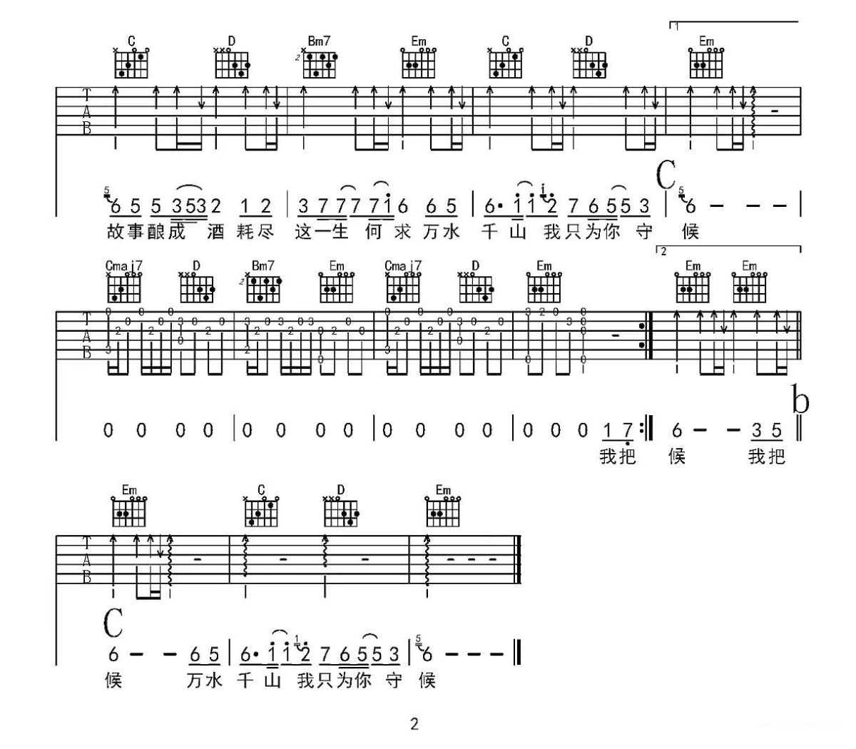 侯泽润《我把故事酿成酒》吉他谱-g调1