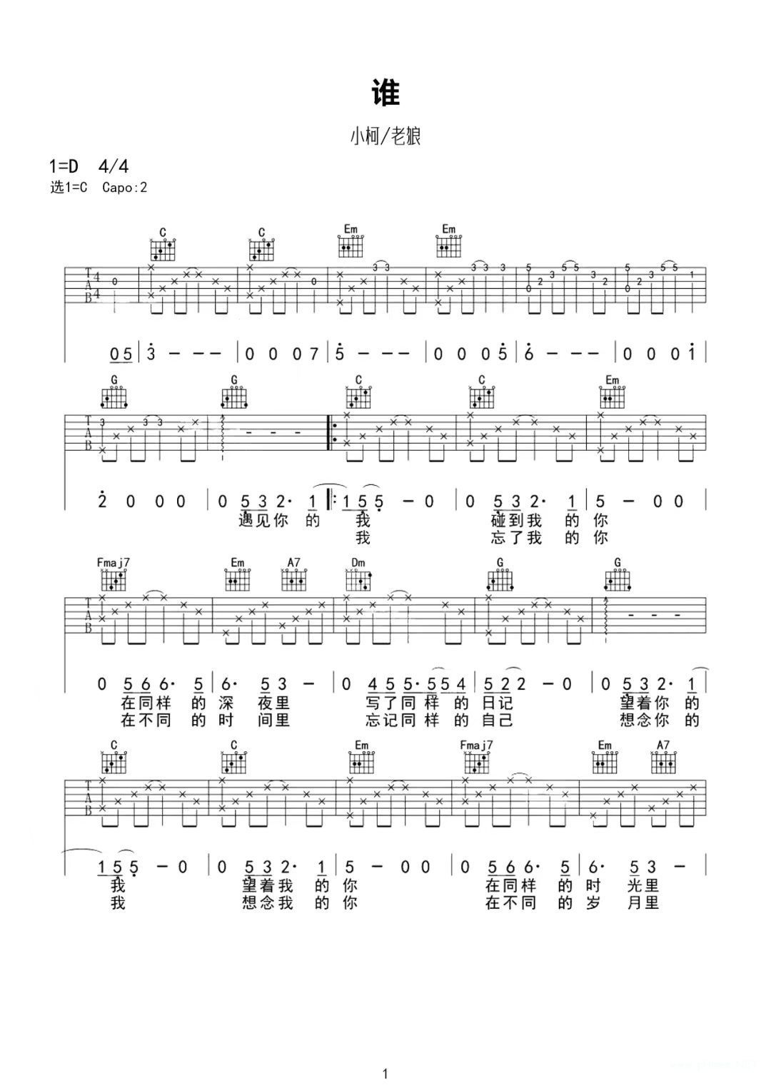 小柯、老狼《谁》吉他谱-c调