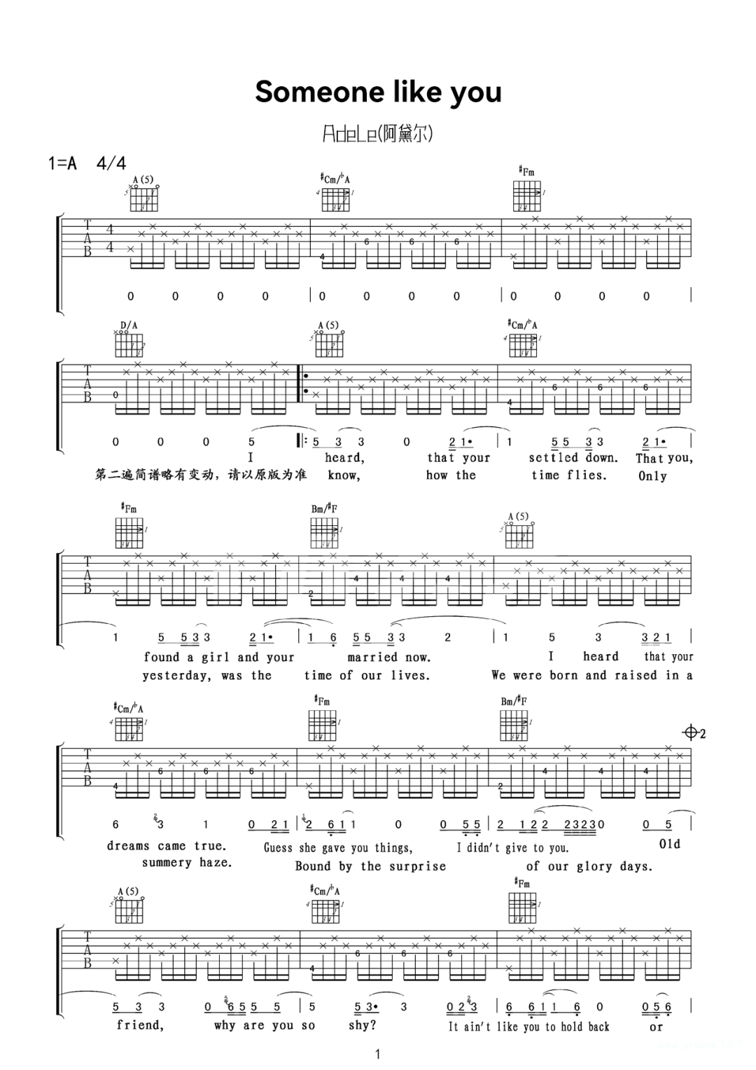 阿黛尔·阿德金斯《someone like you》吉他谱-c调