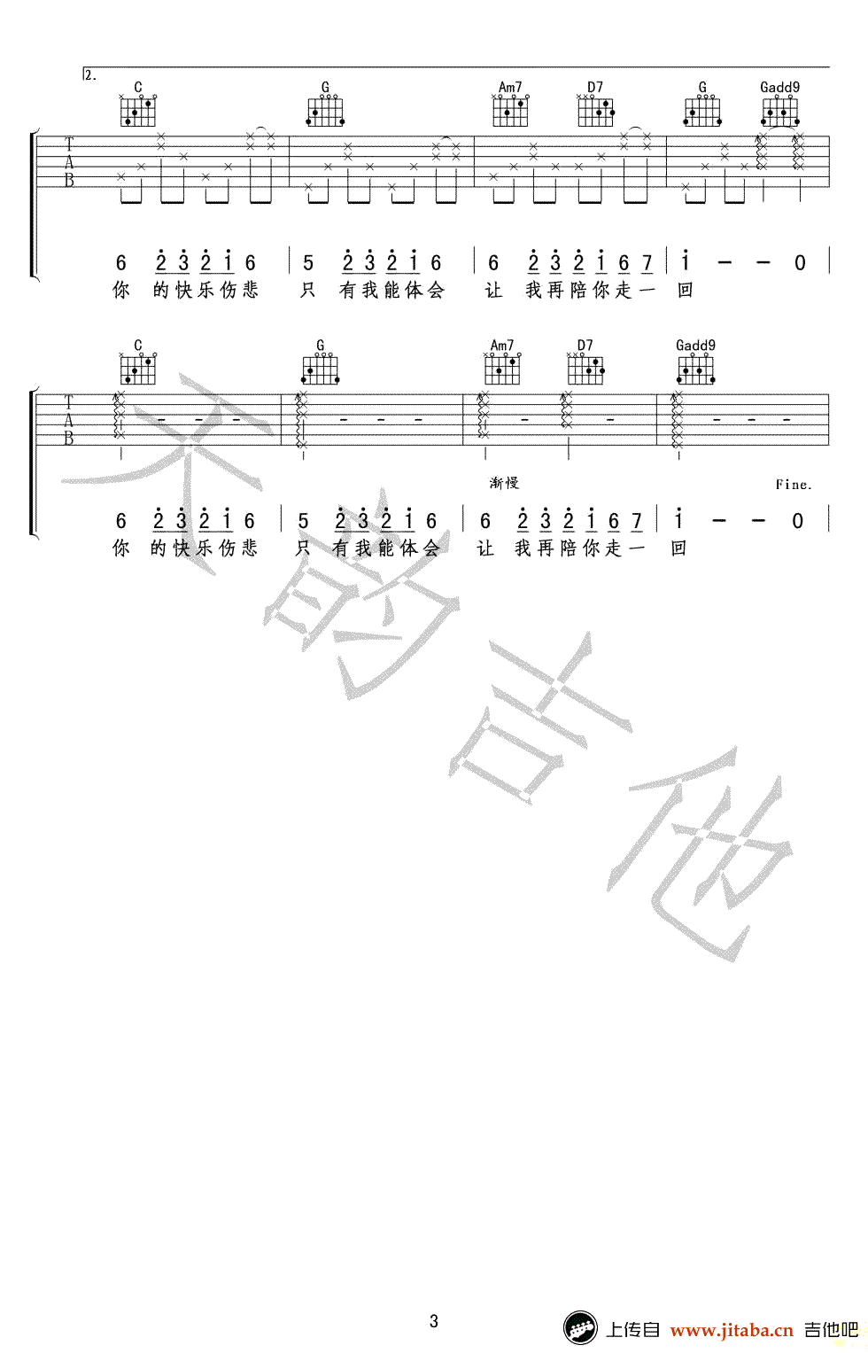 当你孤单你会想起谁吉他谱-张栋梁-g调高清弹唱谱3