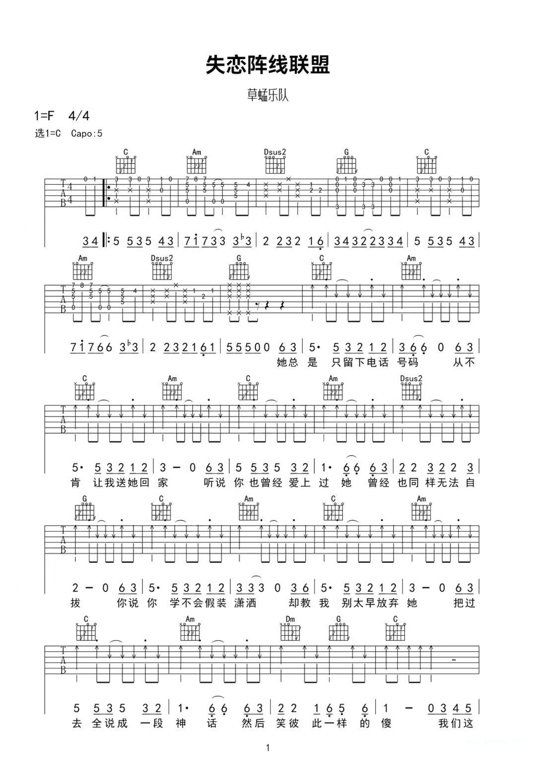 草蜢《失恋阵线联盟》吉他谱-c调