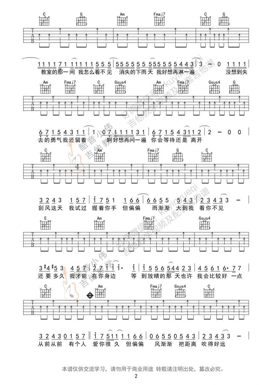 晴天吉他谱-c调简单版-周杰伦-吉他初级弹唱谱2