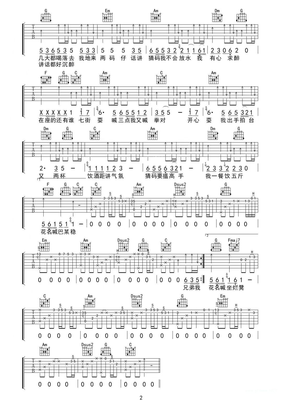 卢小鱼、宝二《今朝有酒今朝醉》吉他谱-c调1