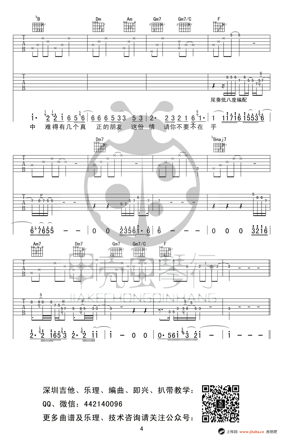 朋友别哭吉他谱-吕方-高清弹唱谱-f调六线谱完整版4