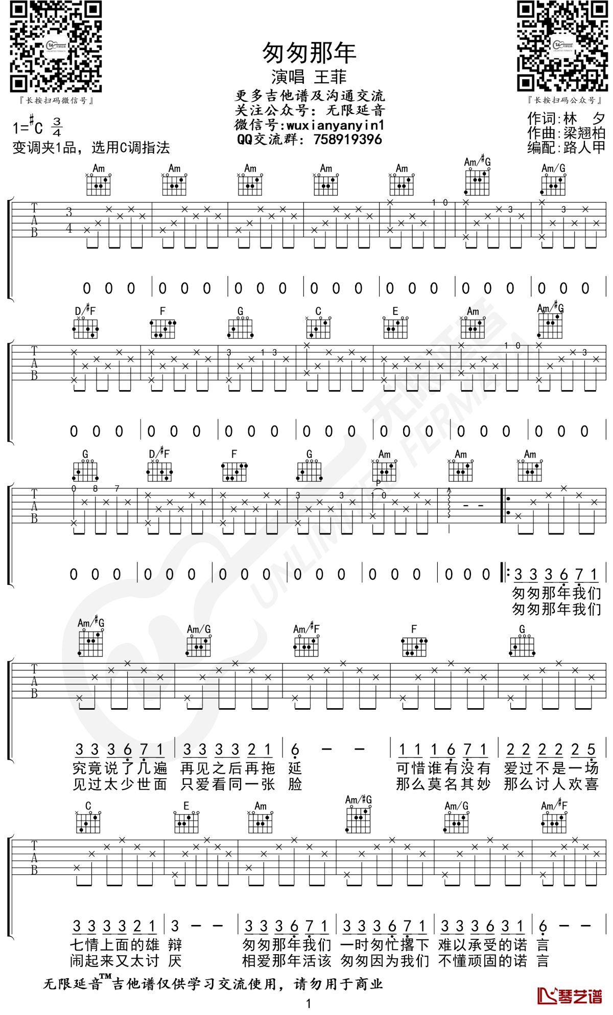 匆匆那年吉他谱 王菲 c调指法 无限延音编配1