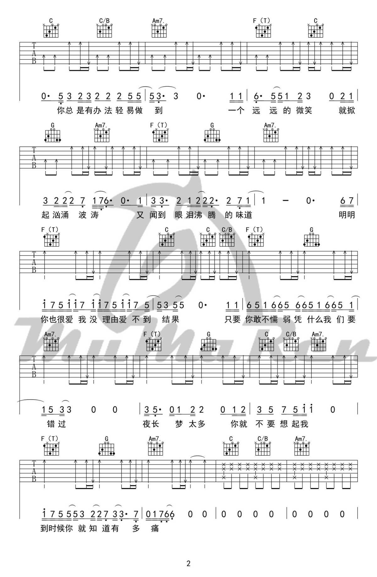 你就不要想起我吉他谱-c调弹唱谱-六线谱高清版-田馥甄2